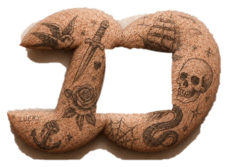Tattoo-covered FOMOtattooballs mascot